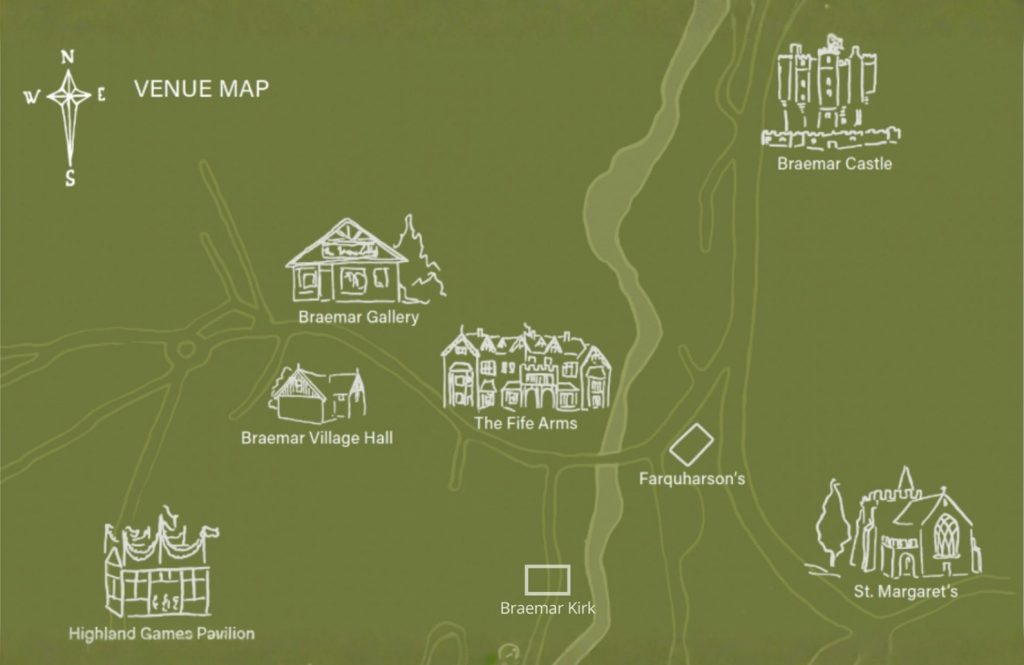 A simple illustrated venue map showing landmarks in Braemar for the literary festival, including Braemar Gallery, Braemar Village Hall, the Fife Arms and Braemar Castle.