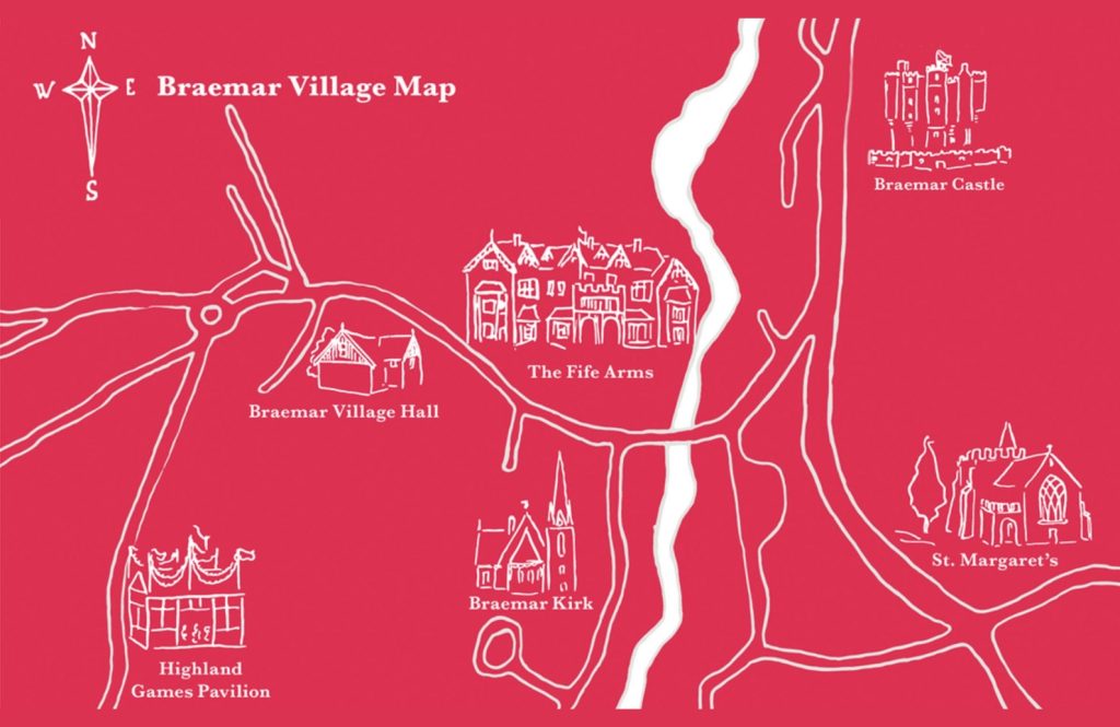A simple illustrated venue map showing landmarks in Braemar for the festival of fashion, including the Fife Arms and Braemar Castle.