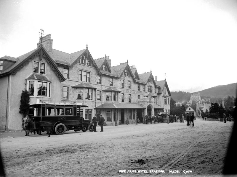 Historic image of the Fife Arms with a bus outside